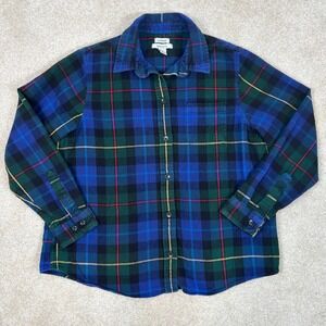 LL Bean Womens Relaxed Fit Flannel Shirt Blue Green Plaid Cotton Petite M 279326